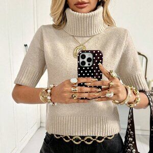 Apricot Preppy Women's Turtleneck Short Sleeve Knit Sweater